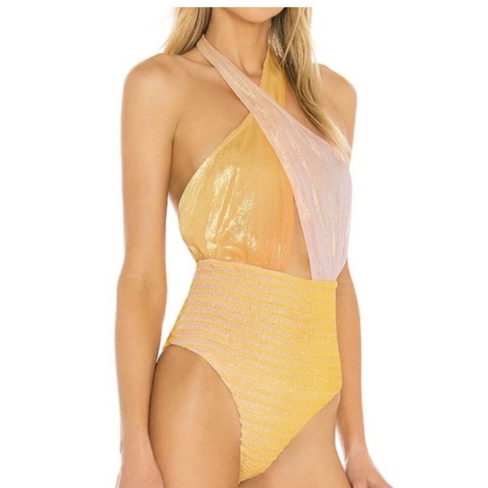 Rococo Sand Leal Halter Bodysuit NEW Metallic Size Large Orange Pink